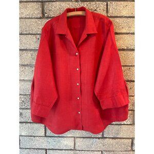 Ralph Lauren Womens Red Oversized Button-Up Shirt With 3/4 Sleeves & Embroidered